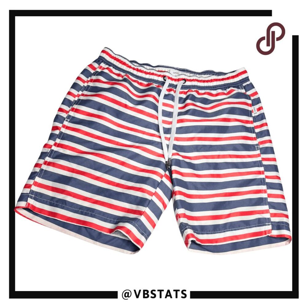 Onia Men's Stripe Elastic Drawstring Waist Lined Swim Trunks Multicolor Small